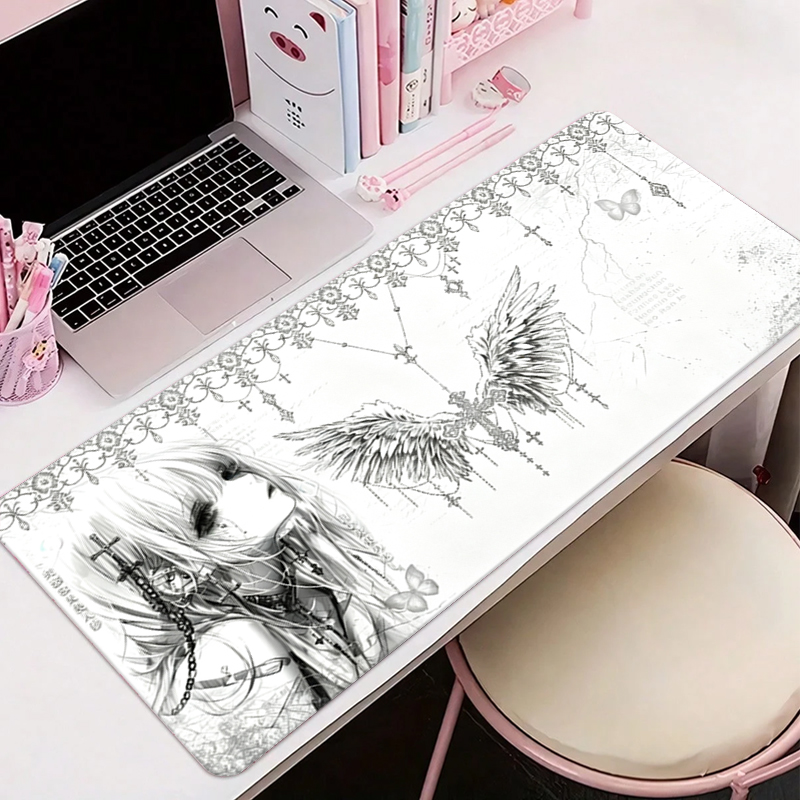 Gaming Accessories For Pc - Leder-Mauspad Schwarz Weiß Anime Ästhetik Engel-Mädchen